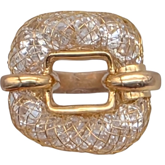 Ring Jewelry - Elegant Gold Tone ring with Intricate Mesh Design holding Clear Gems